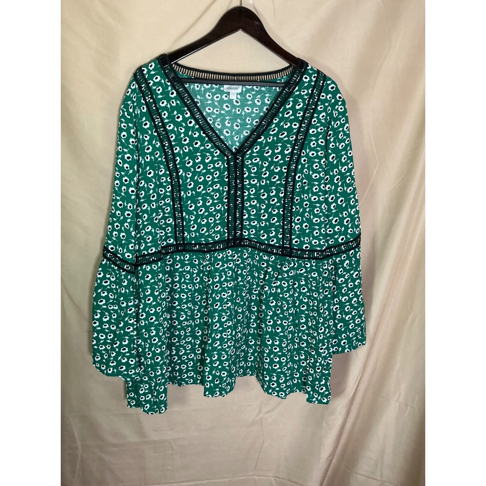 Avenue Floral Blouse Womens 22/24 Green Excellent Crochet Trim Bell Sleeve Boho - Picture 4 of 12